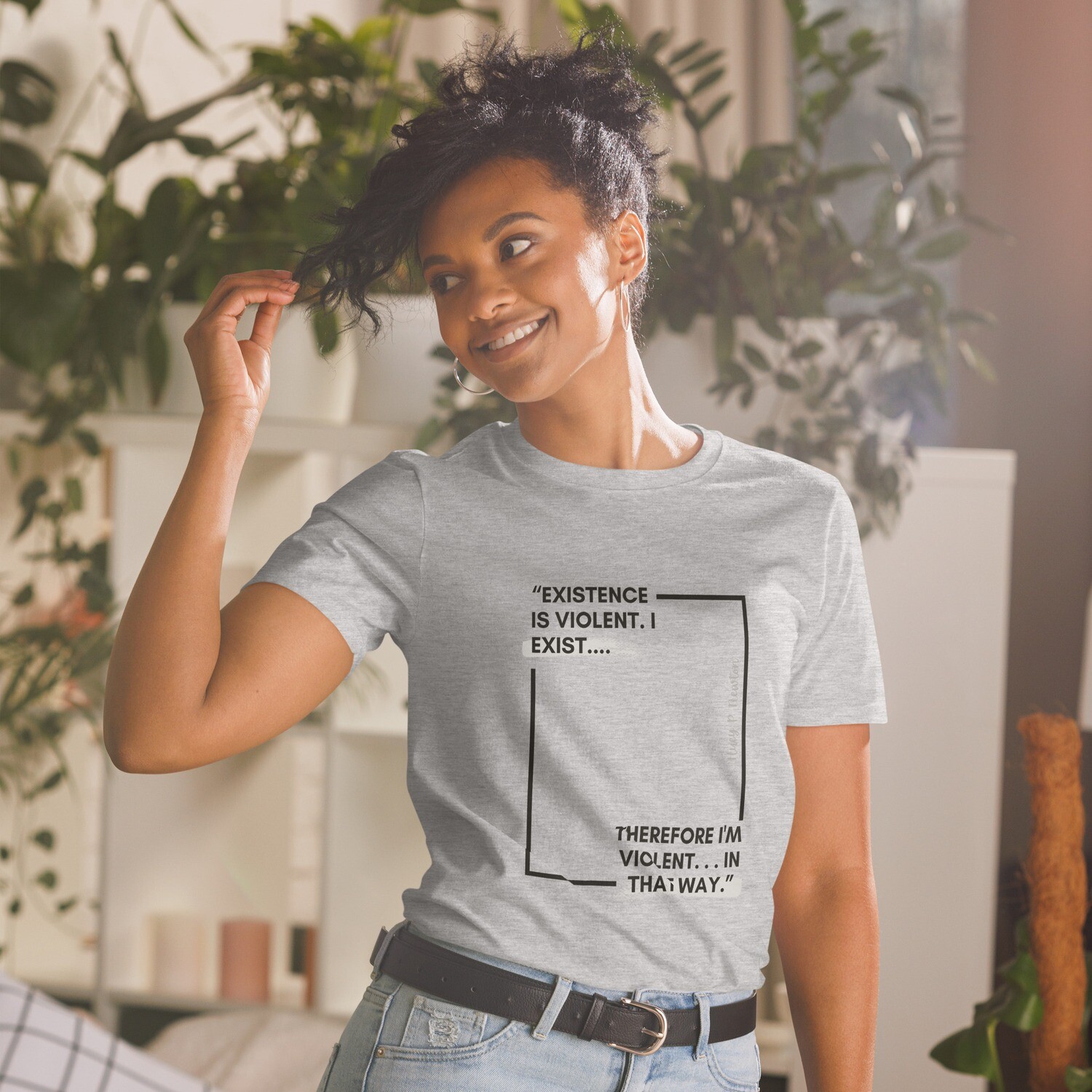 Existence Is Violent Huey P Newton Short-Sleeve T-Shirt (White &amp; Grey), Color: Sport Grey, Size: S