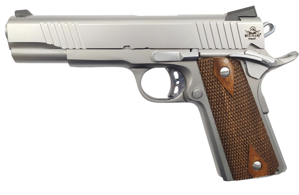 Rock Island 51414 Rock Standard FS *CA Compliant 45 ACP Caliber with 5&quot; Barrel, 8+1 Capacity, Overall Matte Stainless Steel Finish, Beavertail Frame, Serrated Slide &amp; Double Checkered Wood Grip