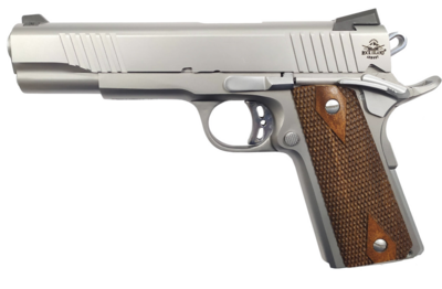 Rock Island 51414 Rock Standard FS *CA Compliant 45 ACP Caliber with 5&quot; Barrel, 8+1 Capacity, Overall Matte Stainless Steel Finish, Beavertail Frame, Serrated Slide &amp; Double Checkered Wood Grip