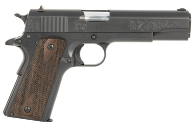 SDS Imports 10100515 1911 Volunteer 45 ACP 7+1 5&quot; Stainless Hard Chrome Plated Barrel, Black Tenifer QPQ Serrated Steel Slide &amp; Frame w/Beavertail, Checkered Wood Grips