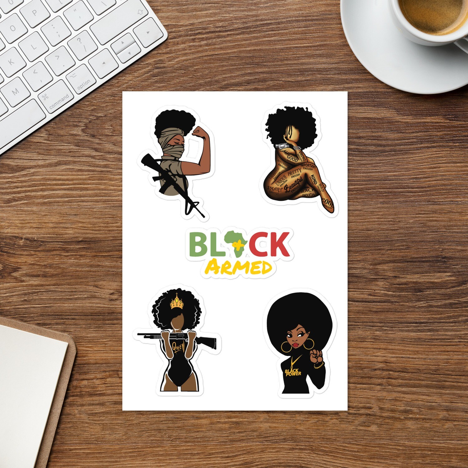 Black &amp; Armed Women 5 Sticker Kiss Cut Sheet