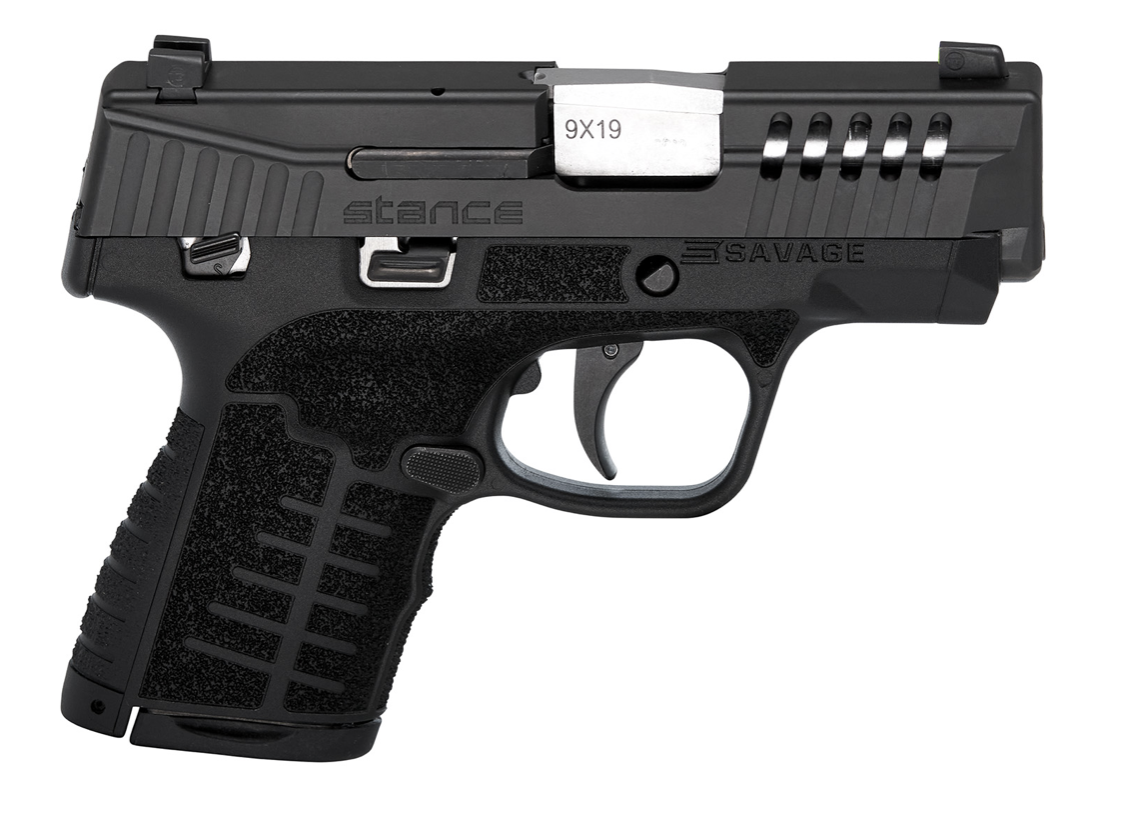 Savage Arms 67002 Stance 9mm Luger 3.20&quot; 7+1/8+1, Black Polymer Frame, Serrated/Ported Black Nitride Slide, Interchangeable Backstraps, Manual Safety, Night Sights