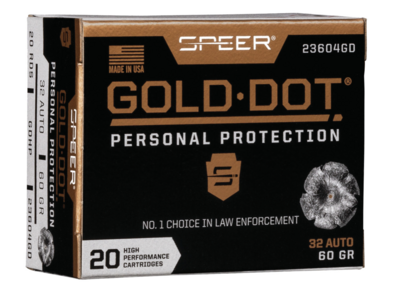 Speer 23604GD Gold Dot Personal Protection 32 ACP 60 gr Hollow Point (HP) 20 Per Box