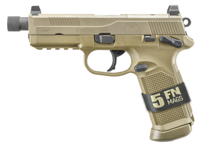 FN 66101635 FNX Tactical Bundle 45 ACP 10+1 5.30&quot; Black Steel Threaded Barrel, Flat Dark Earth Serrated Slide &amp; Checkered Polymer Frame w/Picatinny Rail, Interchangeable Backstraps Grips Ambidextrous