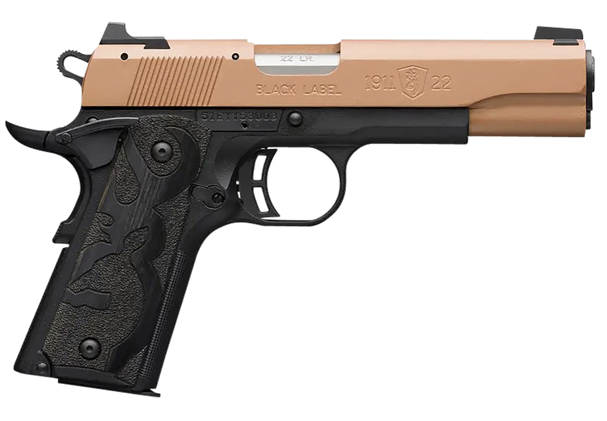 Browning 1911 Black Label Full Size 22 LR 10+1 4.25&quot; Matte Black Steel Barrel, Copper Cerakote Serrated Aluminum Slide, Polymer Frame w/Beavertail, Matte Black Receiver Black Laminate Wood Grips