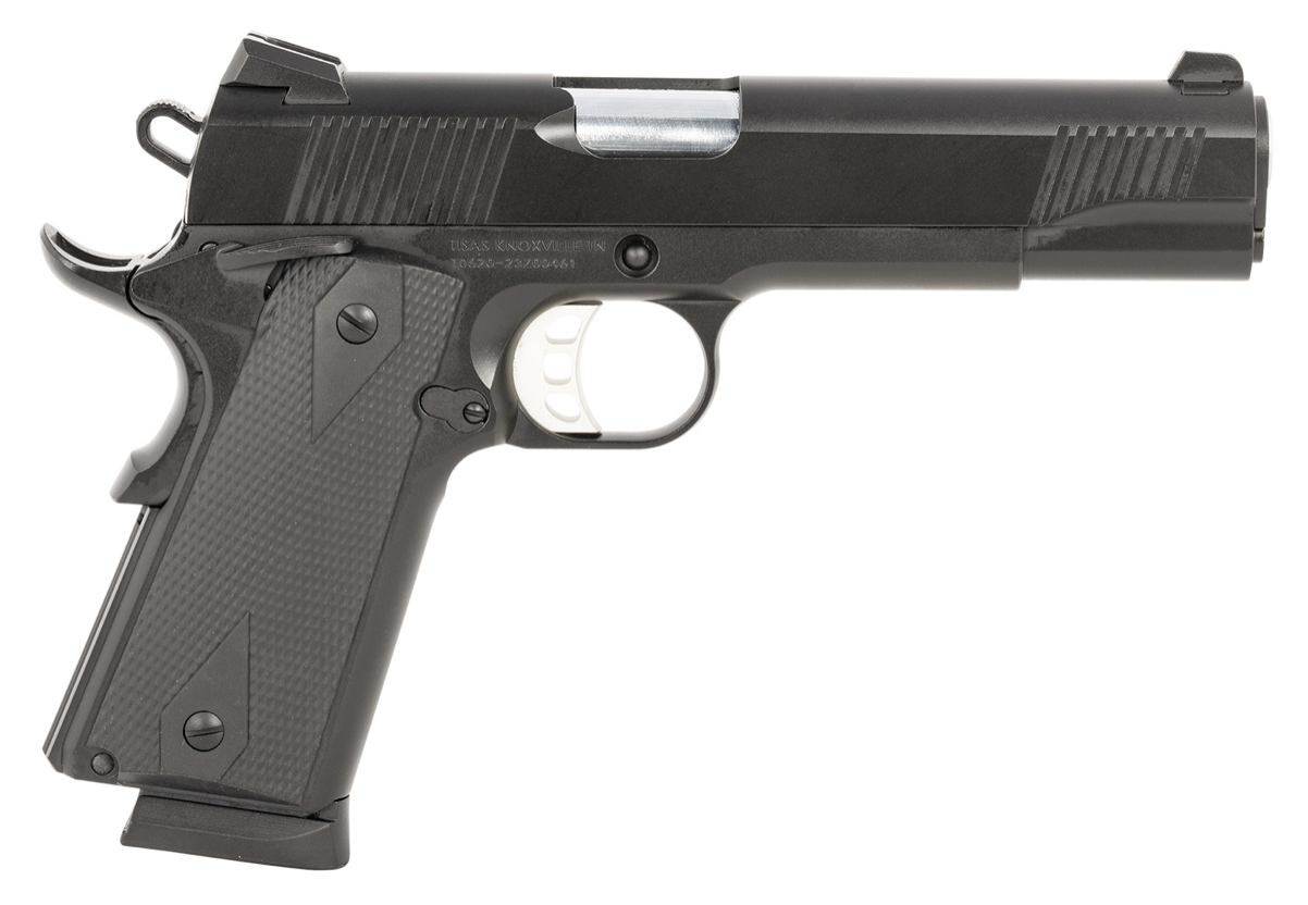 Tisas 1911 Duty 45 ACP 8+1 5&quot; Black Cold Hammer Forged Barrel, Black Cerakote Serrated Steel Slide, Black Cerakote Steel Frame w/Beavertail, Black Overmolded Grips