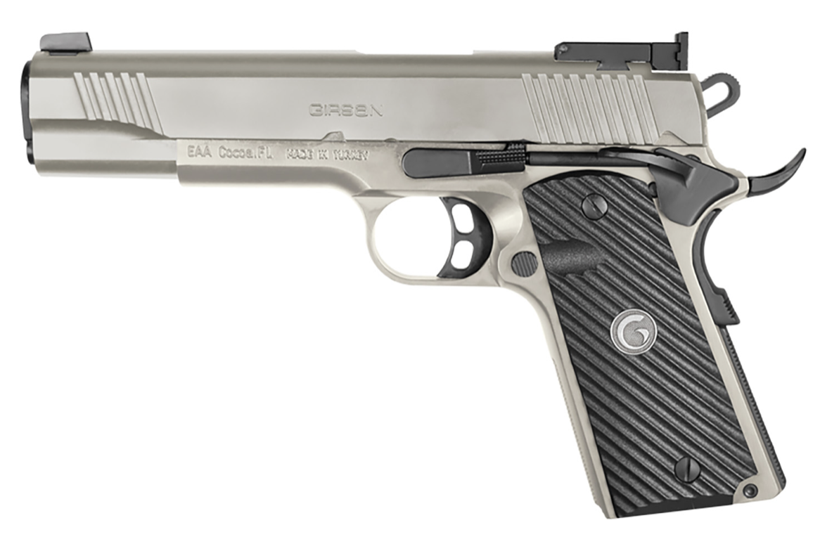 EAA Girsan MC1911 Match 45 ACP Caliber with 5&quot; Barrel, 8+1 Capacity, Overall Nickel Finish Steel, Extended Beavertail Frame, Serrated Slide &amp; Checkered Laminate GripAmbidextrous