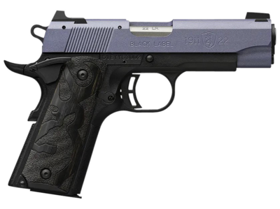 Browning 1911 Black Label Compact 22 LR 10+1 3.63&quot; Matte Stainless Barrel, Crushed Orchid Cerakote Serrated Aluminum Slide, Matte Black Polymer Frame w/Beavertail, Black Laminate Wood Grips