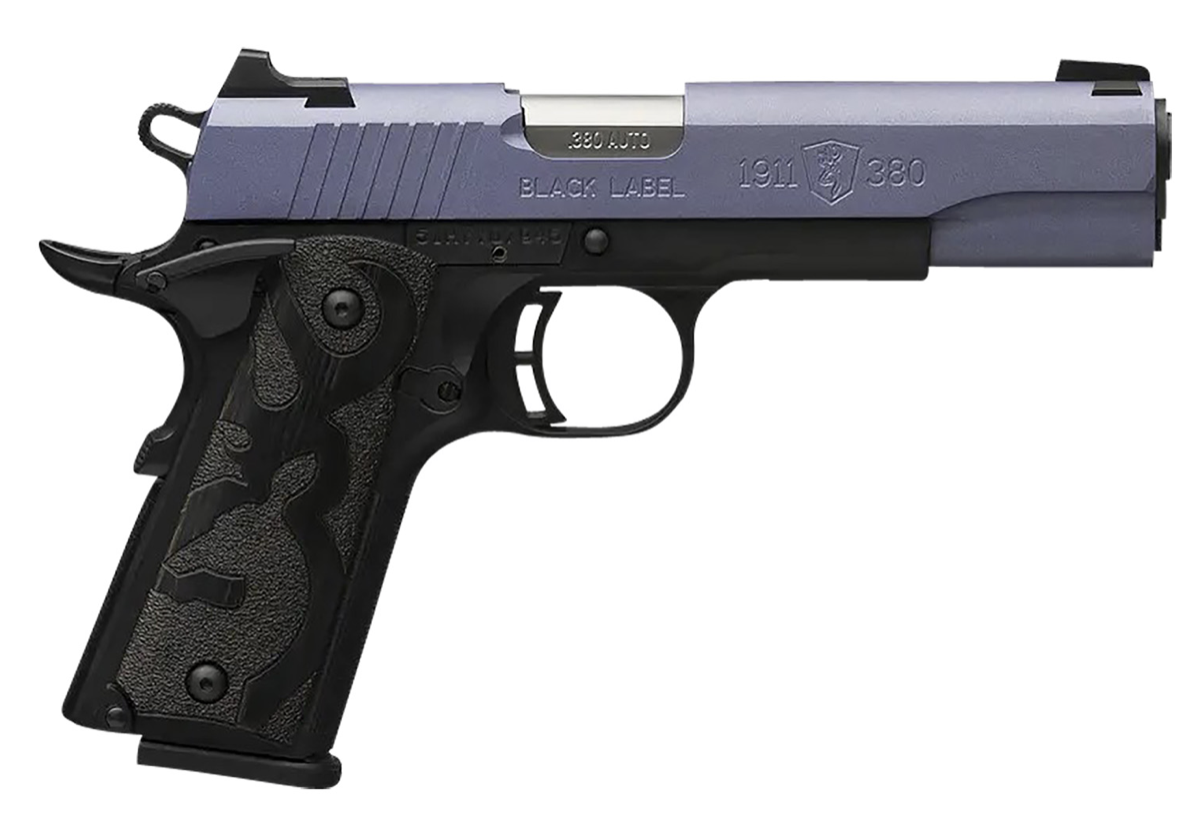 Browning 1911 Black Label 380 ACP 10+1 4.25&quot; Matte Stainless Steel Barrel, Crushed Orchid Cerakote Serrated Aluminum Slide, Aluminum Frame w/Beavertail, Matte Black Receiver Black Laminate Wood Grips