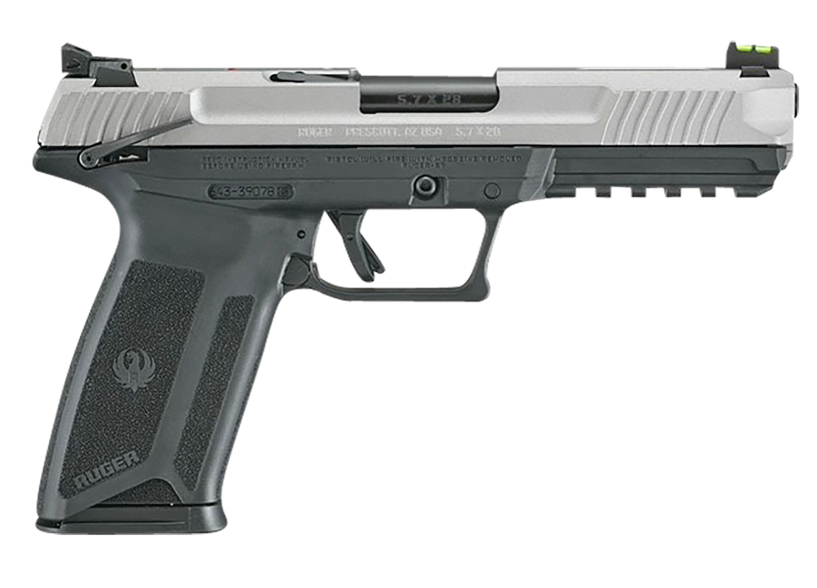 Ruger-5.7 5.7x28mm 20+1 4.94&quot; Barrel, Black Polymer Frame w/Picatinny Acc. Rail, Drilled &amp; Tapped, Exclusive Lightening Cut Savage Silver Cerakote Steel Slide, Ambidextrous Safety