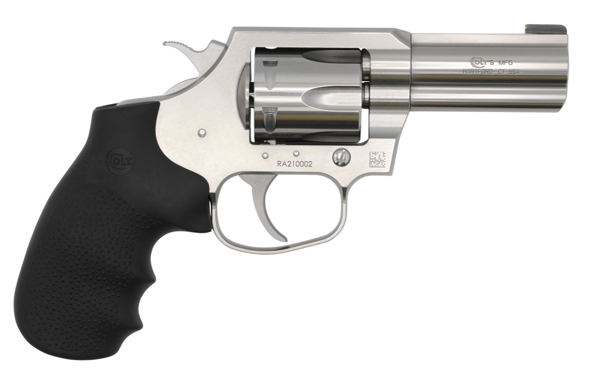 Colt Mfg King Cobra *CA Compliant 357 Mag Caliber with 3&quot; Barrel, 6rd Capacity Cylinder, Overall Brushed Stainless Steel Finish &amp; Finger Grooved Black Hogue Rubber Grip