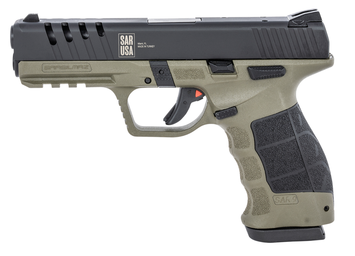 SAR SAR9X 9mm Luger 4.40&quot; Barrel 17+1 Or 19+1, OD Green Cerakote Polymer Frame With Picatinny Acc. Rail , Lightening Cut Black Steel Slide , Black Interchangeable Grip Panels &amp; Backstraps , Manual Saf