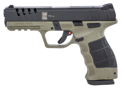 SAR SAR9X 9mm Luger 4.40&quot; Barrel 17+1 Or 19+1, OD Green Cerakote Polymer Frame With Picatinny Acc. Rail , Lightening Cut Black Steel Slide , Black Interchangeable Grip Panels &amp; Backstraps , Manual Saf