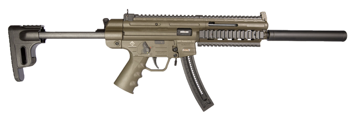GSG  GSG-16 22 LR Caliber with 22+1 OR 10+ 1  Capacity, 16.25&quot; Barrel, Green Metal Finish &amp; Collapsible with Storage Compartment Black Stock (Full Size)