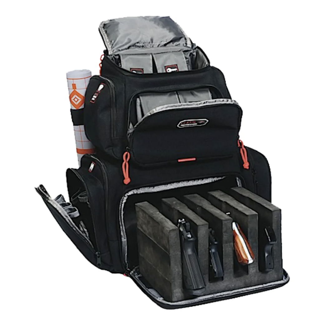 GPS Bags Handgunner Backpack 1000D Nylon Black with Tan Accents Foam Cradle Holds 4 Medium Handguns, Mag Pockets, Pull-Out Rain Cover &amp; Visual ID Storage System
