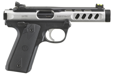 Ruger  Mark IV 22/45 Lite 22 LR 10+1 4.40&quot; Stainless Steel Threaded Barrel, Black/Stainless Anodized Optic Ready/Serrated/Ventilated Rib Slide, Polymer Frame w/Black Checkered 1911-Style Grips