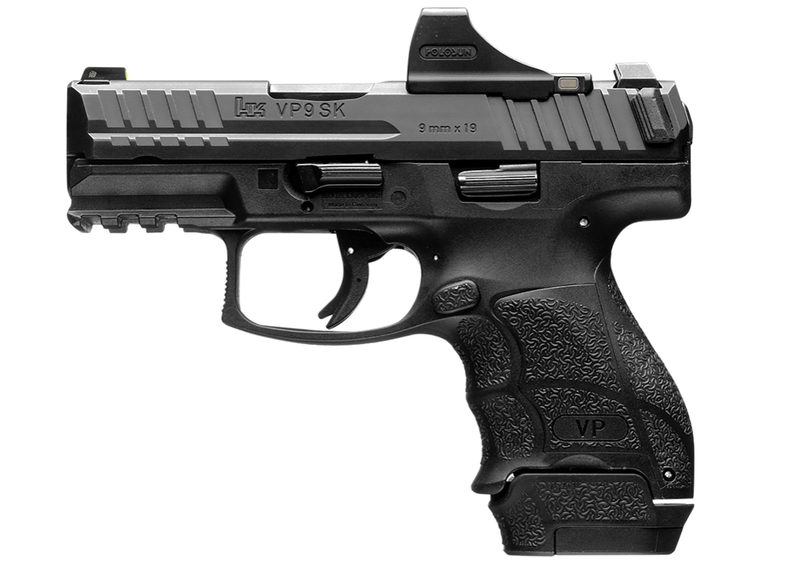 HK VP9SK Sub-Compact Sub-Compact 9mm Luger 15+1 3.39&quot; Black Polygonal Rifled Barrel Black Optic Ready/Serrated Slide Black Polymer Frame w/Picatinny Rail Black Finger Grooved Polymer Grips Features Ho
