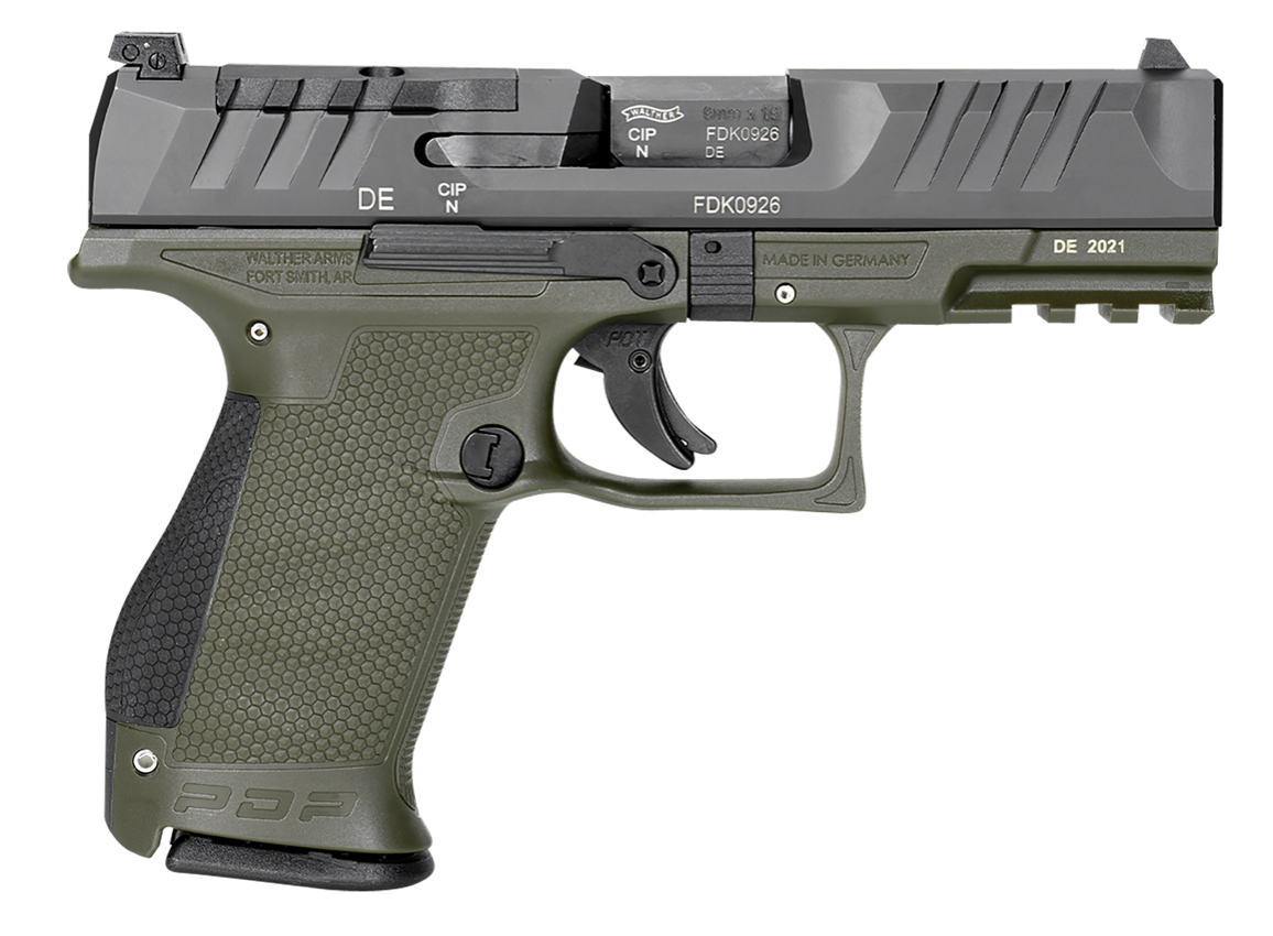 Walther Arms PDP Compact Optic Ready 9mm Luger Caliber with 4&quot; Barrel, 15+1 Capacity, Green Finish Picatinny Rail Frame, Serrated/Optic Cut Black Steel Slide &amp; Performance Duty Textured Black Polymer