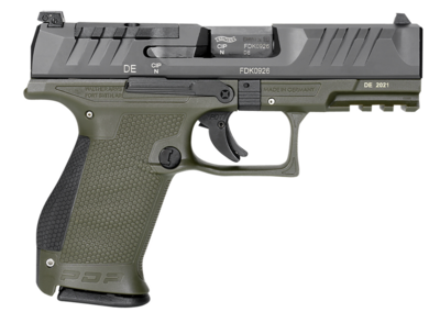 Walther Arms PDP Compact Optic Ready 9mm Luger Caliber with 4&quot; Barrel, 15+1 Capacity, Green Finish Picatinny Rail Frame, Serrated/Optic Cut Black Steel Slide &amp; Performance Duty Textured Black Polymer
