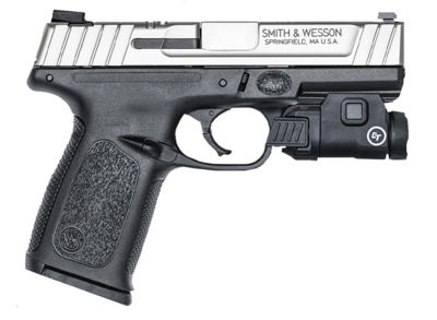 Smith &amp; Wesson 13949 SDVE Bundle Compact 9mm Luger 16+1 4&quot; Stainless Steel Barrel, Stainless Serrated Slide, Black Polymer Frame w/Picatinny Rail, Black Textured Polymer Grips, Features White Dot Sigh
