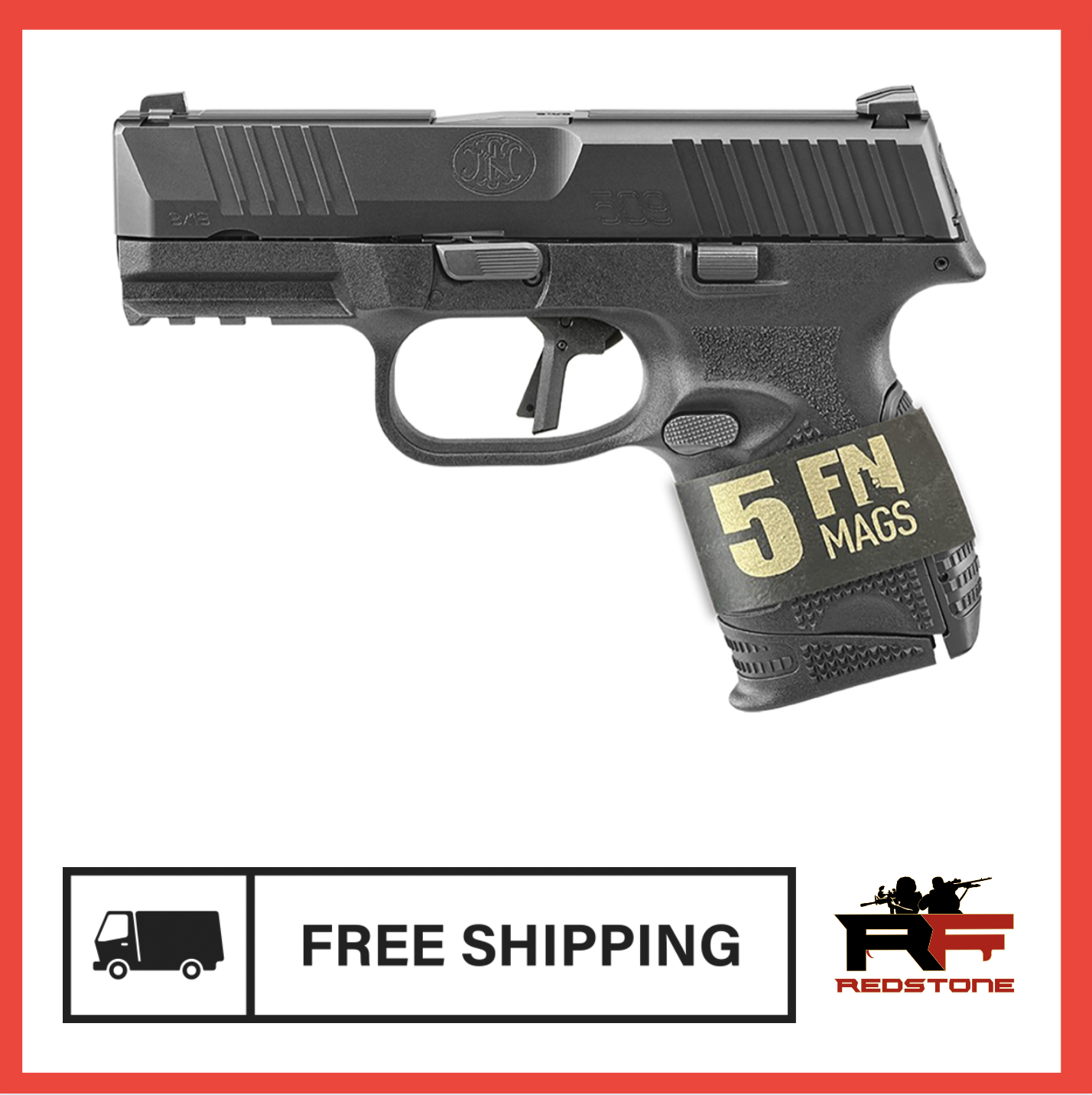 FN 509 Bundle Compact 9mm Luger 24+1 3.70&quot; Black Recessed Crown Barrel Black Serrated Slide Black Polymer Frame w/Picatinny Rail Black Textured w/Interchangeable Backstrap Grips Ambidextrous Hand