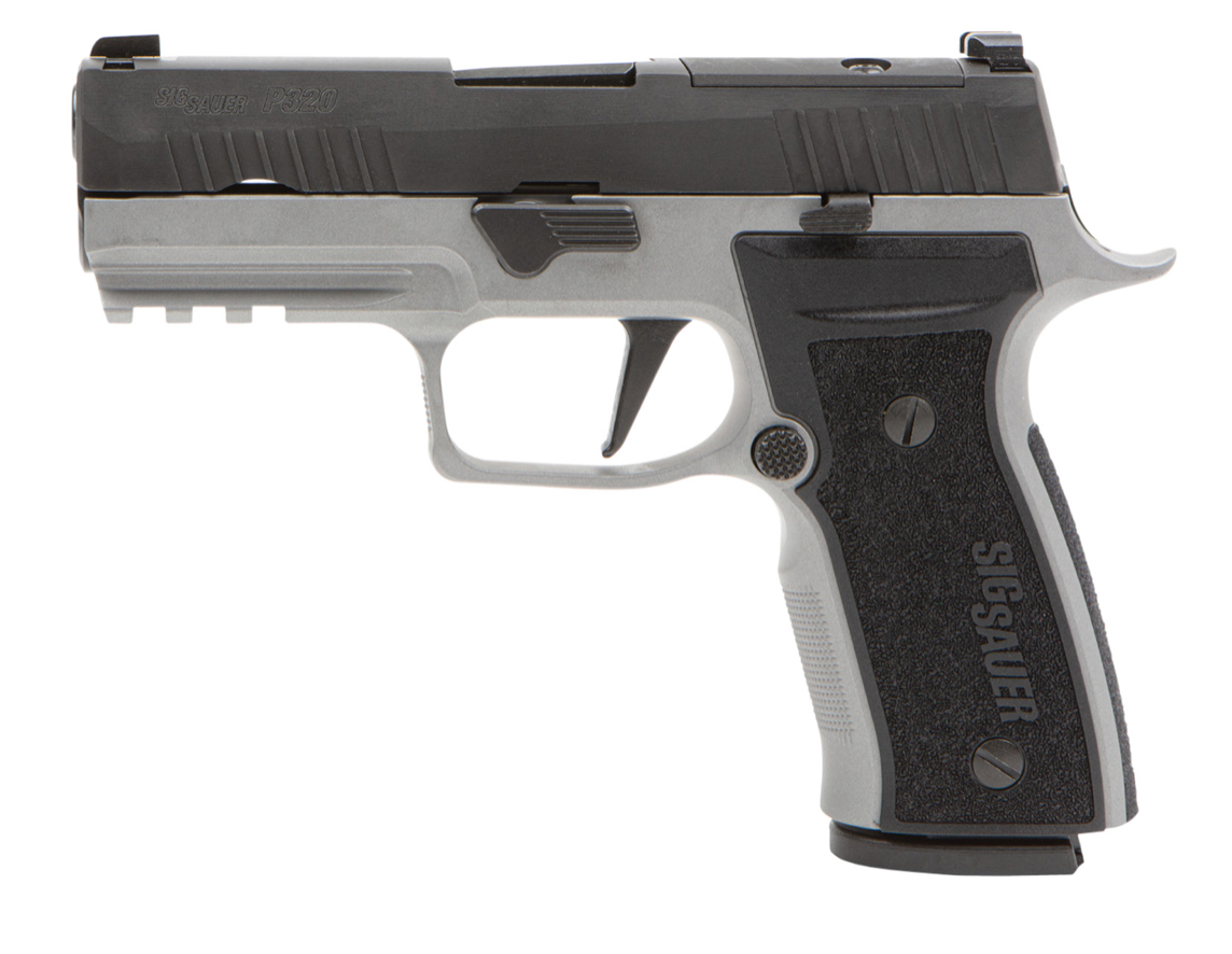 Sig Sauer P320 AXG Carry 9mm Luger 17+1 3.90&quot; Black Steel Barrel, Black Nitron Optic Ready/Serrated Slide, Stainless Steel Frame w/Beavertail &amp; Picatinny Rail Black Titanium Cerakote AXG Grips