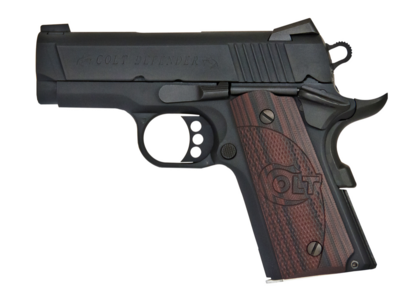 Colt Defender Compact 9mm Luger 8+1 3&quot; Black Steel Barrel, Blued Serrated Slide, Matte Black Cerakote Aluminum Frame w/Beavertail, Black Cherry Tactical G10 Grips Right Hand