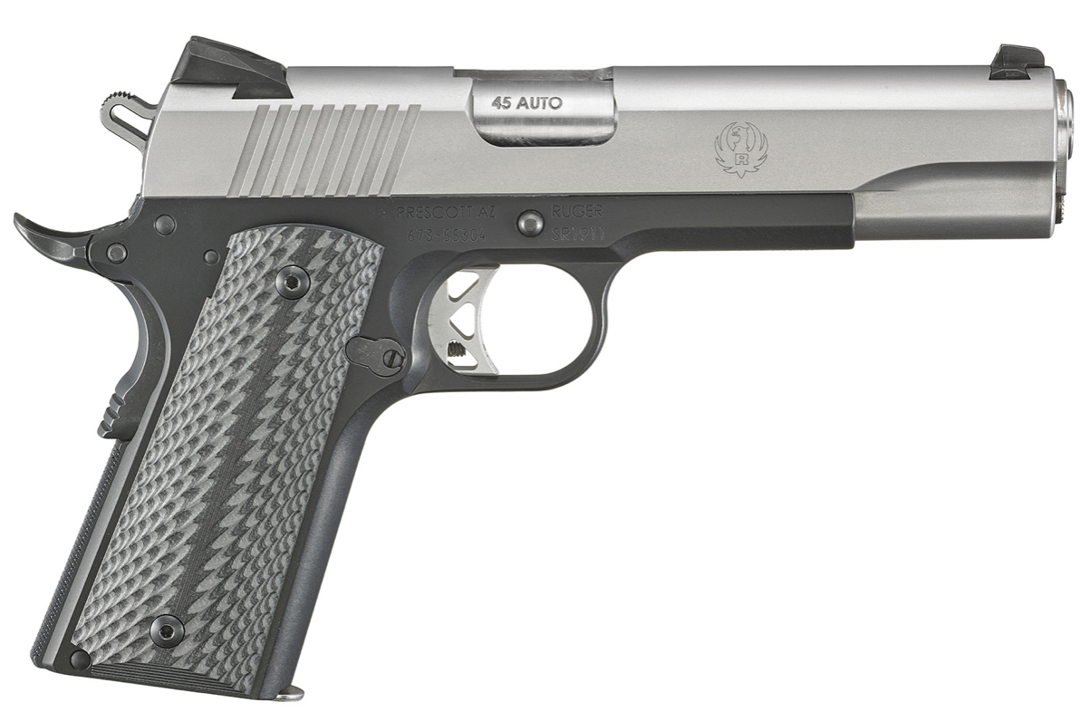 Ruger SR1911 Full Size 45 ACP 8+1 5&quot; Stainless Steel Barrel, Matte Stainless Serrated Slide, Satin Aluminum Frame w/Beavertail Black Anodized Aluminum Grips Right Hand