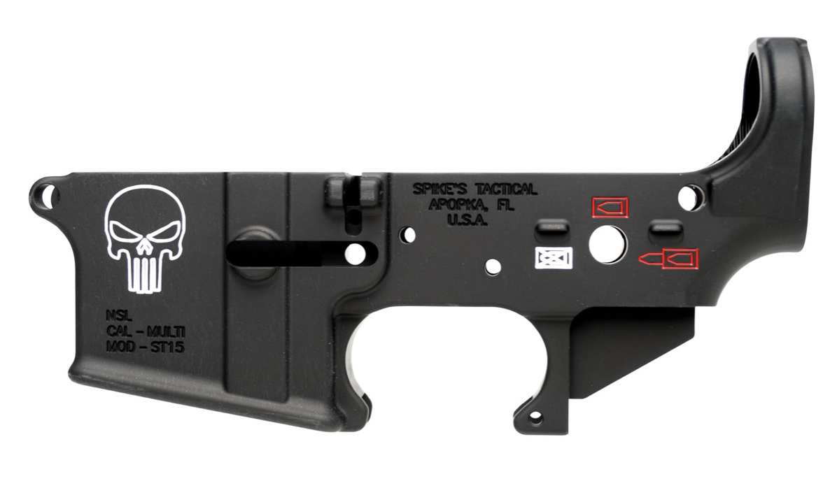Spikes Tactical Punisher Stripped Lower Receiver Multi-Caliber 7075-T6 Aluminum Black Anodized with Color Fill for AR-15