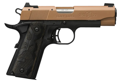 Browning 1911 Black Label Compact 22 LR 10+1 3.63&quot; Matte Black Steel Barrel, Copper Cerakote Serrated Aluminum Slide, Matte Black Polymer Frame w/Beavertail, Black Laminate Wood Grips