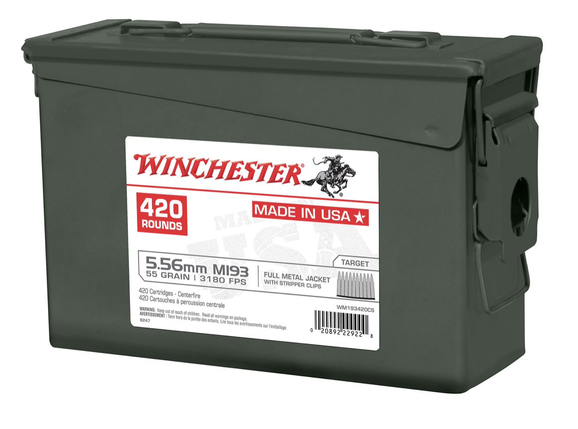 Winchester  USA M193 5.56x45mm NATO 55 gr 3180 fps Full Metal Jacket (FMJ) 840rds 420 Bx/2 Cans