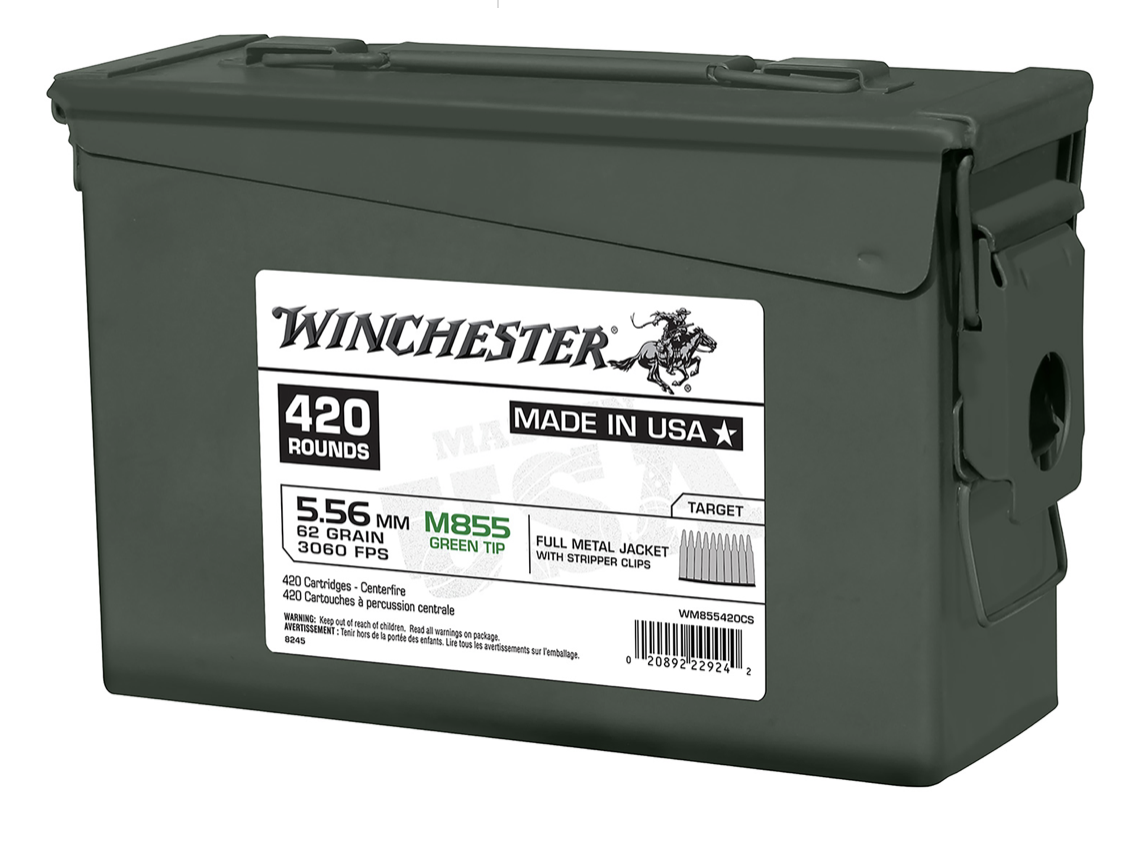 Winchester USA M855 Green Tip 5.56x45mm NATO 62 gr 3060 fps Full Metal Jacket (FMJ) 420 Round Case 