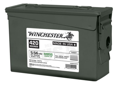 Winchester USA M855 Green Tip 5.56x45mm NATO 62 gr 3060 fps Full Metal Jacket (FMJ) 420 Round Case 