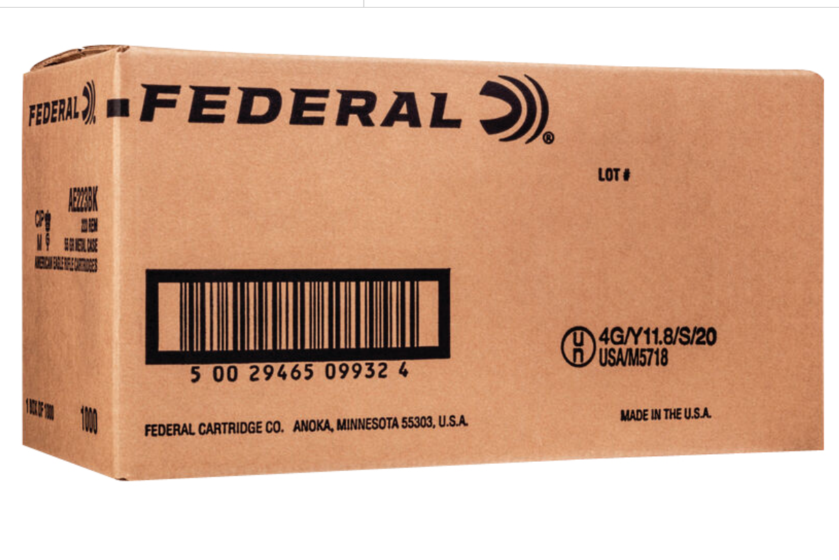 Federal  American Eagle American Eagle 223 Rem 55 gr Full Metal Jacket Boat-Tail (FMJBT) 1000 Round Case