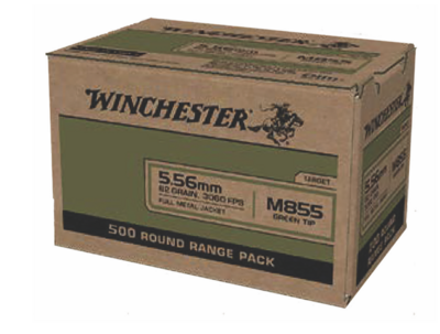 Winchester Ammo M855 Green Tip 5.56x45mm NATO 62 gr 3060 fps Full Metal Jacket (FMJ) 500 Bx