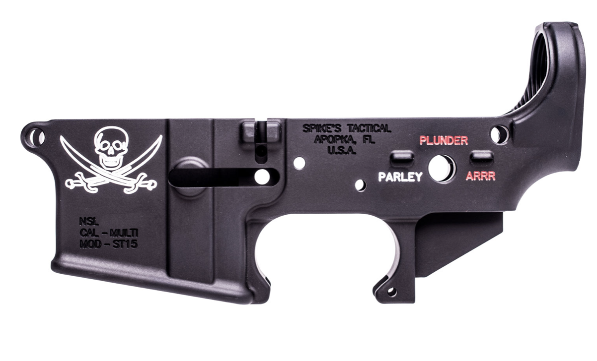 Spikes Calico Jack Stripped Lower Receiver Multi-Caliber 7075-T6 Aluminum Black Anodized with Color Fill for AR-15