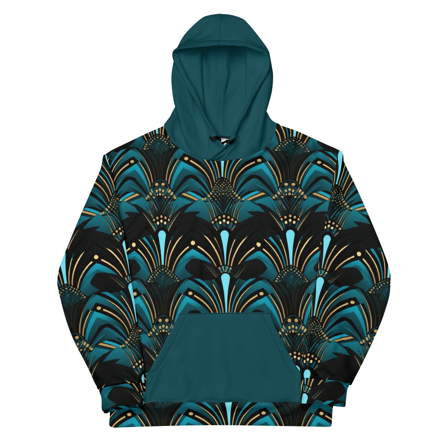 Zanzibar Blue Elegance: Adult African Print Unisex Hoodie in Ebony Black