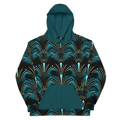 Zanzibar Blue Elegance: Adult African Print Unisex Hoodie in Ebony Black
