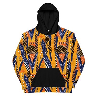 Saffron Dreams: Vibrant African Print Unisex Hoodie with Royal Blue &amp; Kente Geometric Design | Kente Print Unisex Hoodie