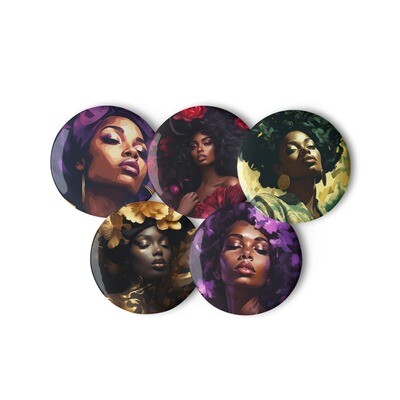 Empowered Beauty Set of 5 Black Women Art Buttons