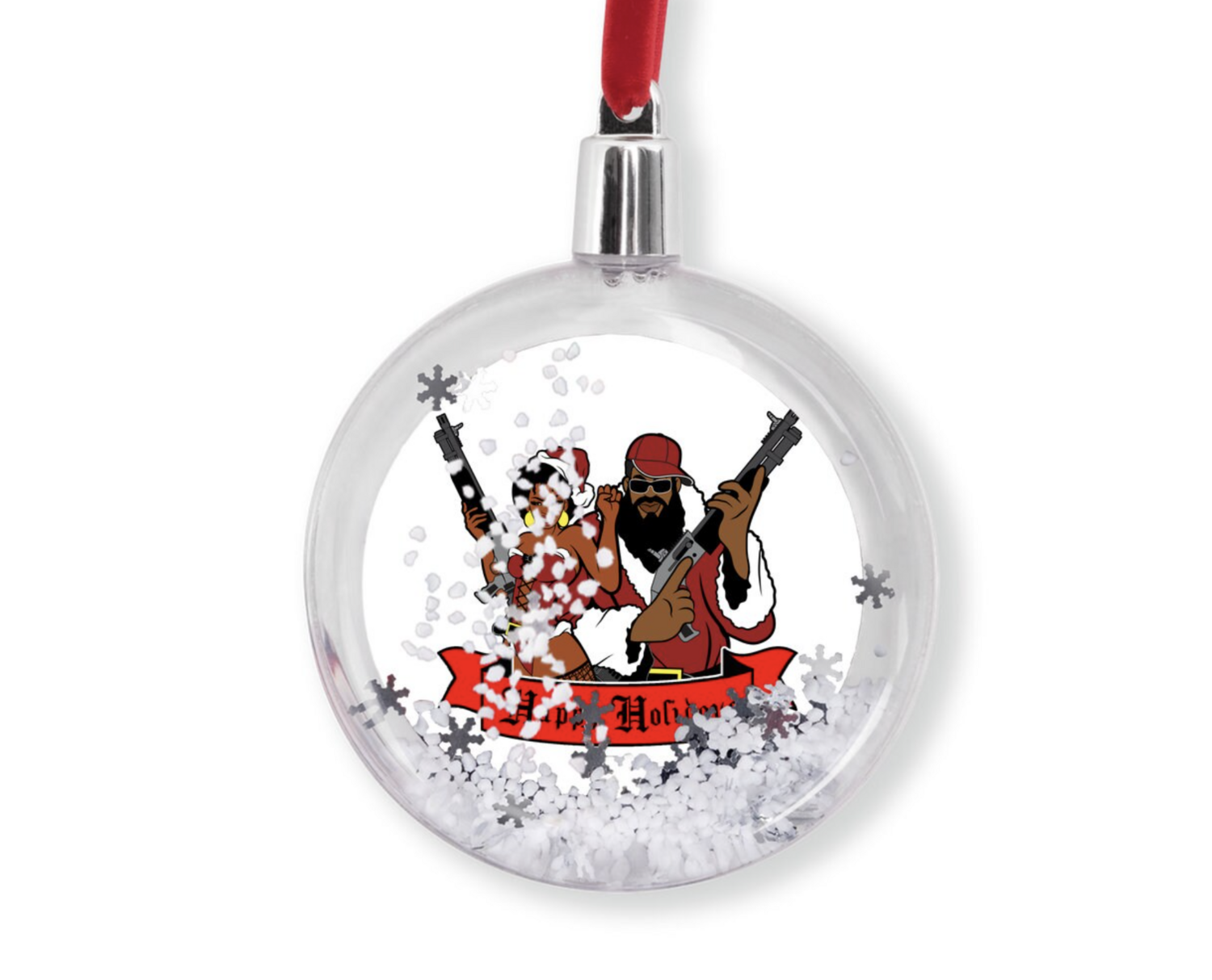 Black Santa and Mrs Claus Shotgun Snow Globe Holiday Ornament
