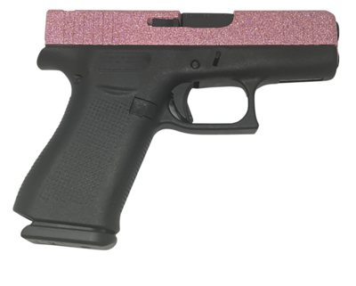 Glock G43X MOS Slim Sub-Compact 9mm Luger 10+1 3.41&quot; Black GMB Barrel, Glamour Glock Pink Glitter Cerakote MOS Cut/Serrated Slide, Black cerakote Polymer Frame w/Beavertail, Black Polymer Textured Gri