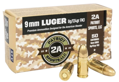 Patriot Sports LLC 9mm Luger, 124 gr Full Metal Jacket (FMJ), 50 Per Box