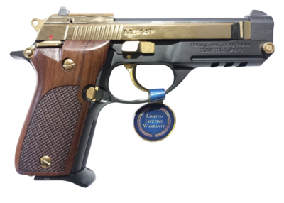 EAA  MC 14T Solution Compact Frame 380 ACP 13+1, 4.50&quot; Blued Steel Tip-Up Barrel, Gold Plated Serrated Steel Slide, Blued w/Gold Controls Aluminum Frame w/Picatinny Rail, Walnut
