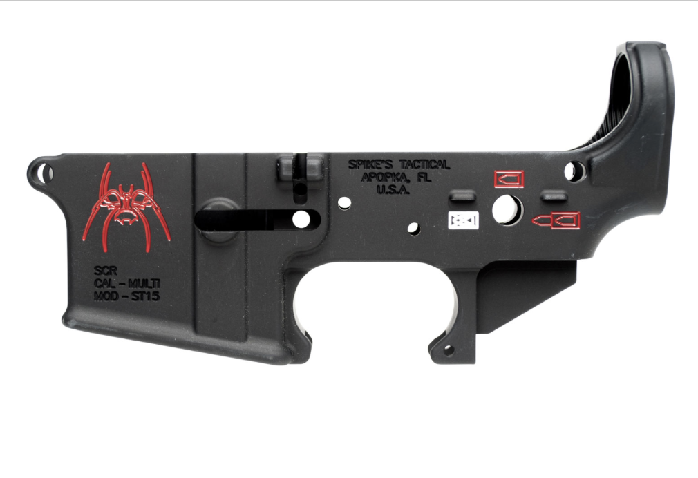 Spikes STLS019CFA Spider Stripped Lower Receiver Multi-Caliber 7075-T6 Aluminum Black Anodized with Color Fill for AR-15