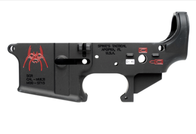 Spikes STLS019CFA Spider Stripped Lower Receiver Multi-Caliber 7075-T6 Aluminum Black Anodized with Color Fill for AR-15