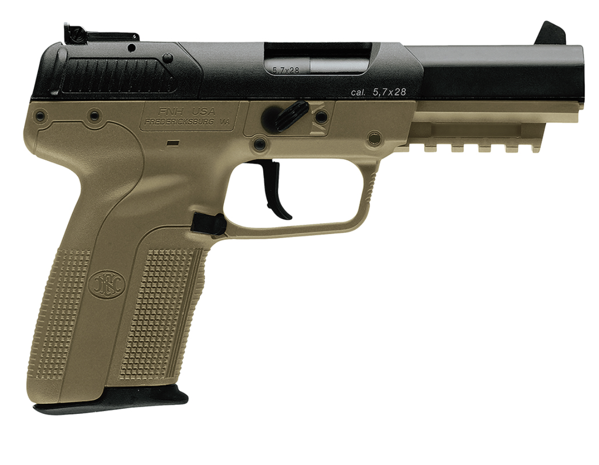 FN  Five-seveN *CA Compliant 5.7x28mm 10+1 4.80&quot; Black Steel Barrel, Black Serrated Steel Slide &amp; Polymer Frame w/Picatinny Rail, FDE Textured Polymer Grip, Ambidextrous