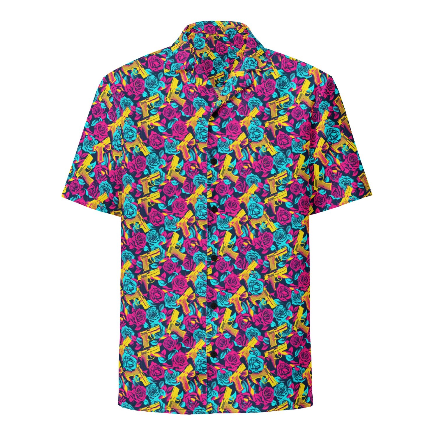 Unisex Neon Guns and Roses Hawaiian Style Button Up 