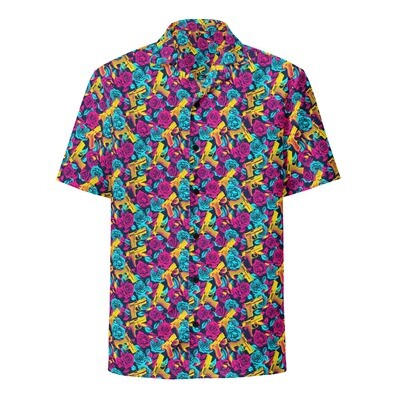 Unisex Neon Guns and Roses Hawaiian Style Button Up 