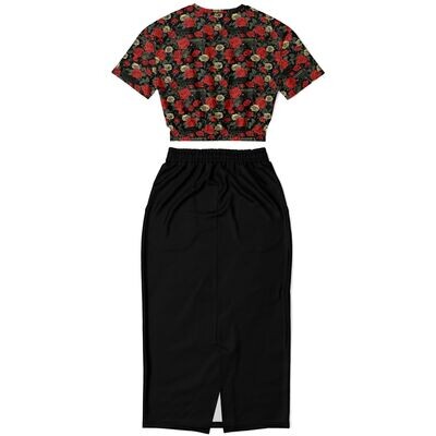 Guns and Roses Pattern Print Cropped Sweatshirt and Pocket Skirt Set